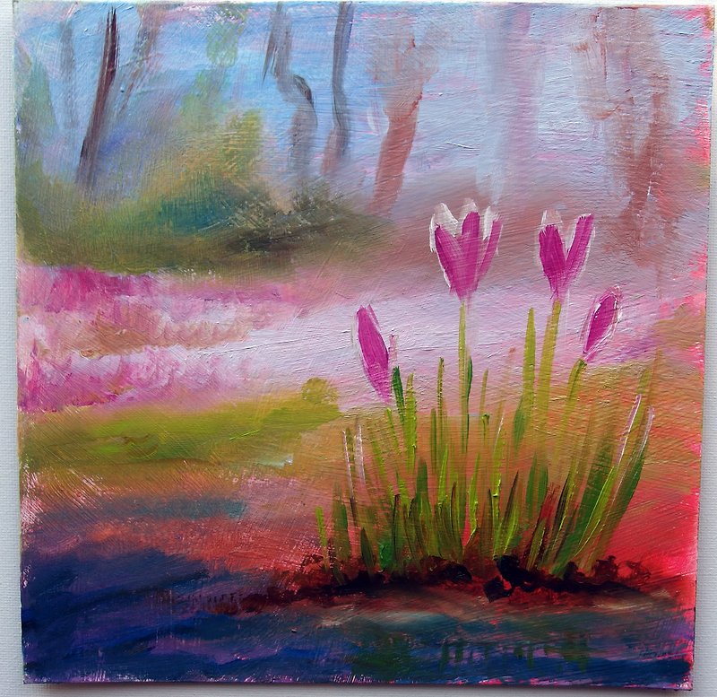 第一个春天的花朵-番红花-早春-手工油画 - 墙贴/壁贴 - 纸 粉红色