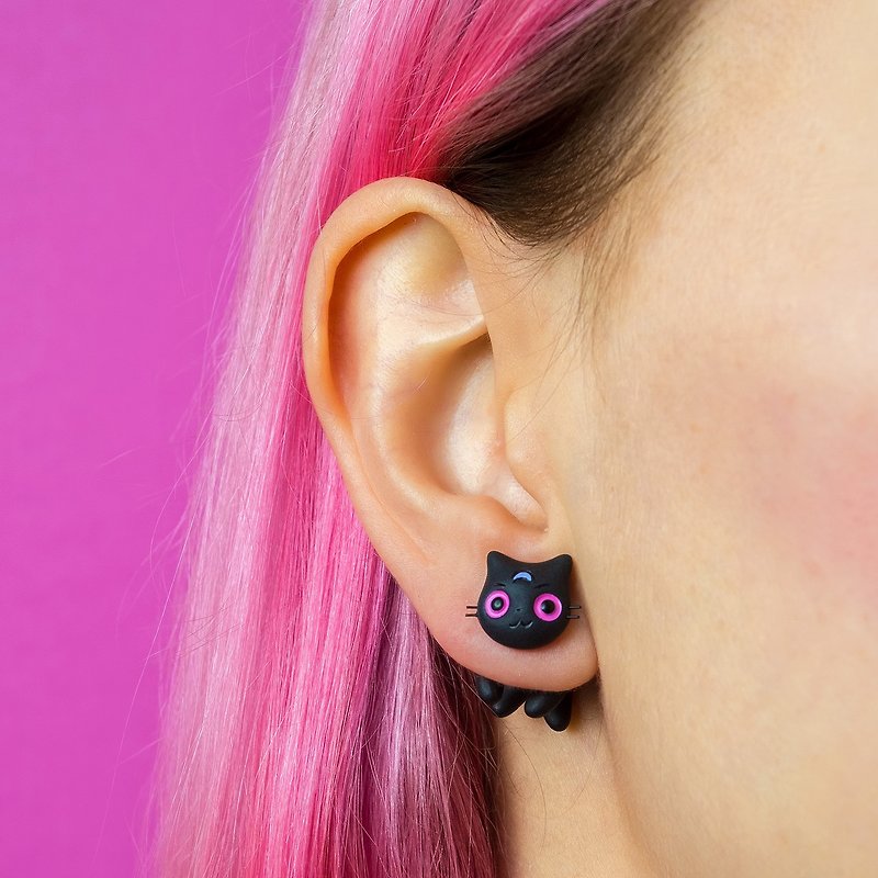 Evil Cat Earrings - Spooky Cat Earrings Polymer Clay - 耳环/耳夹 - 粘土 紫色