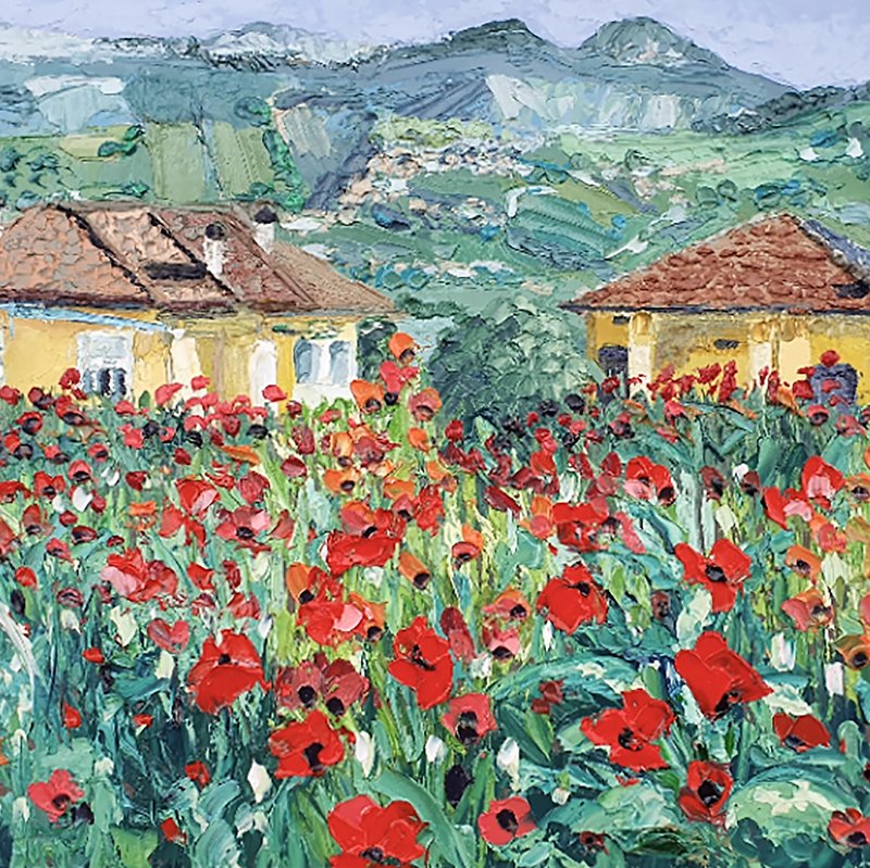 Poppy Painting Flowers Original Art Italy Tuscany Wall Art Floral Art Landscape - 海报/装饰画/版画 - 其他材质 多色