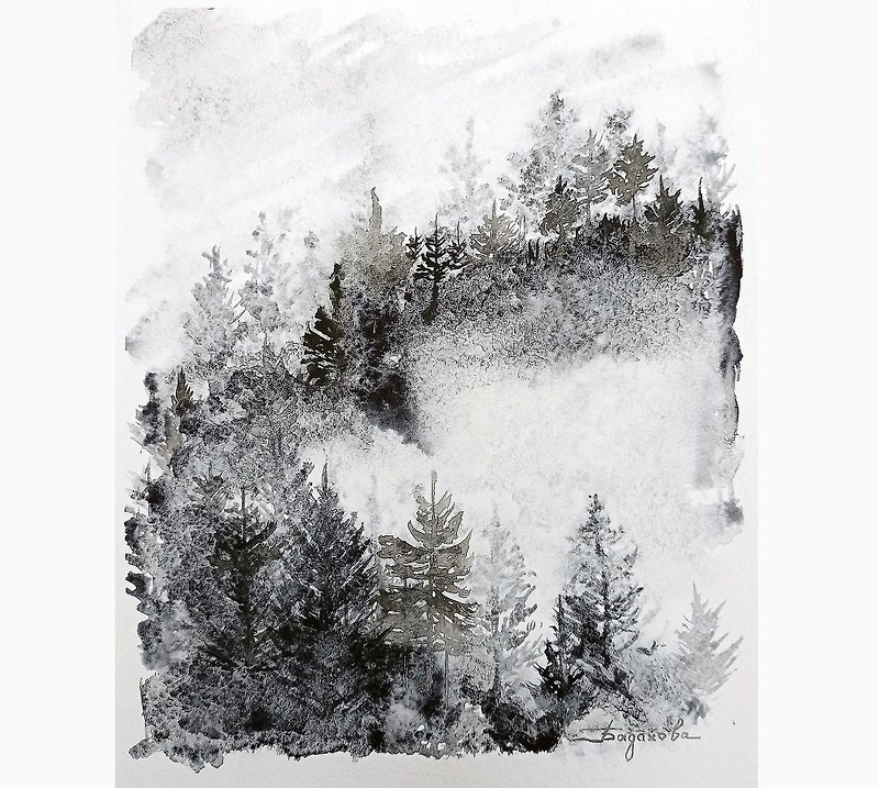 Foggy Forest Watercolor Original Painting Forest Art Foggy Watercolor Artwork - 海报/装饰画/版画 - 纸 黑色