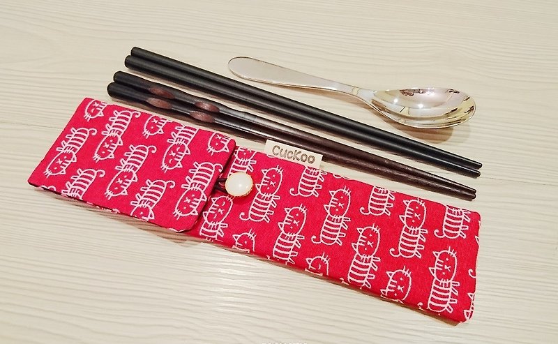 环保餐具收纳袋 筷子袋 组合筷专用 喜气猫咪款 - 筷子/筷架 - 棉．麻 