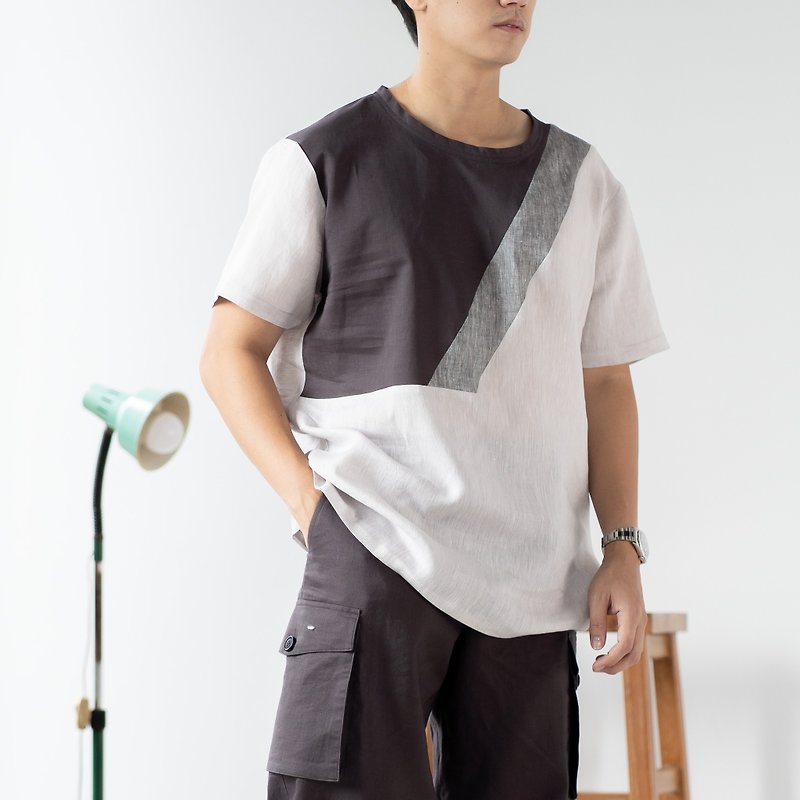 Blue & J Natural Linen Crew Neck Shirt Three Colors Block- Grey/Taupe/Silver - 男装衬衫 - 亚麻 灰色
