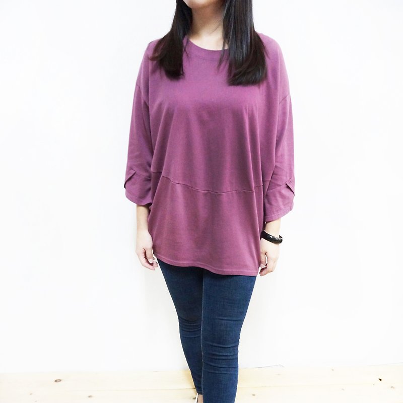 【MIT】弧形拼接造型圆领棉衫（紫色.绿色.浅粉色.黑色） - 女装上衣 - 棉．麻 