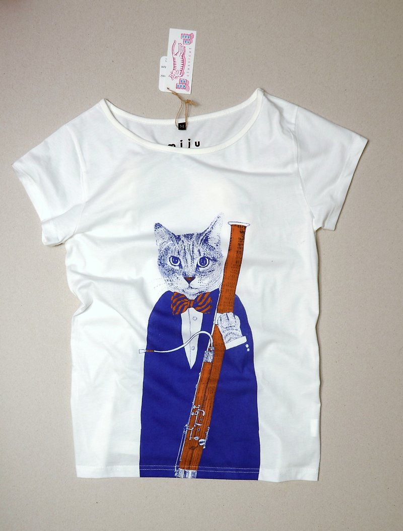 棉．麻 女装 T 恤 蓝色 - 有机棉 低音管猫T: 深蓝+橘