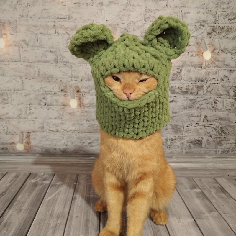 Knitted Balaclava with Ears for Cat | Winter Hat for Pets | Bunny Ears Ski Mask - 衣/帽 - 绣线 粉红色
