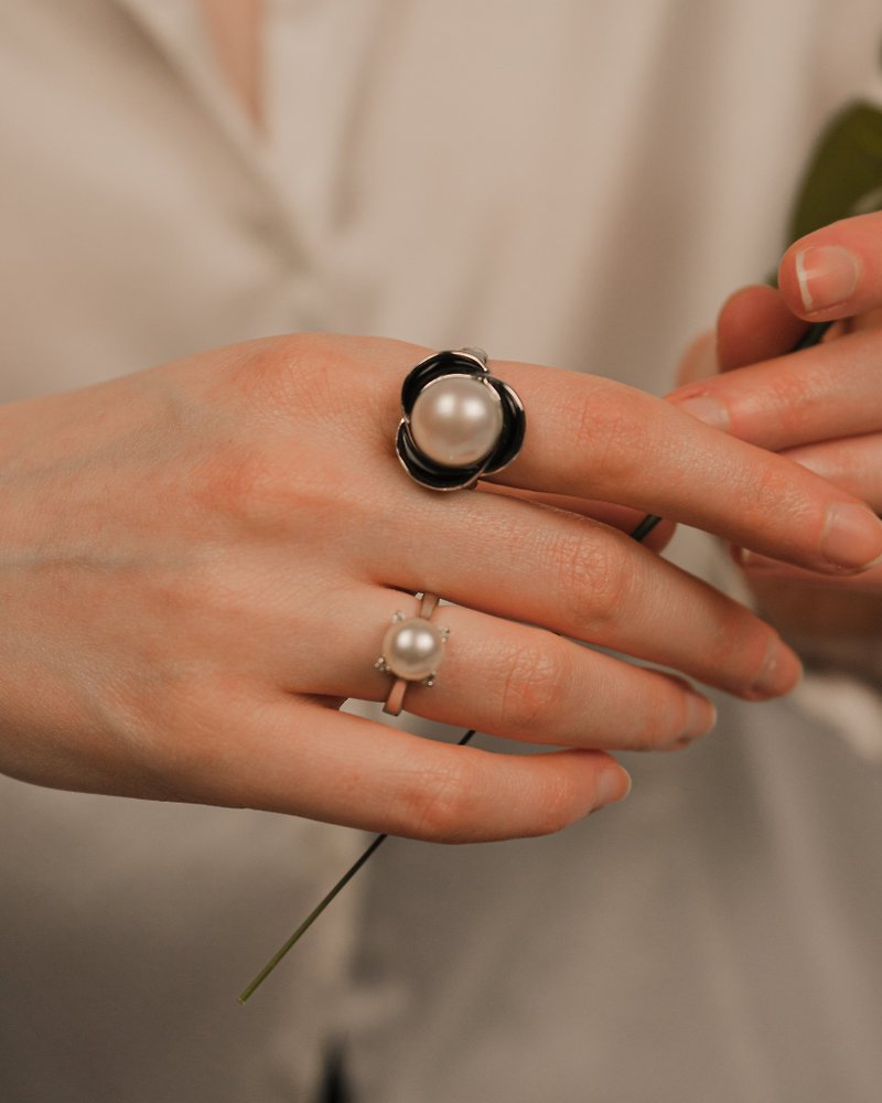复古黑白花卉珍珠银个性戒指 - 戒指 - 珍珠 白色