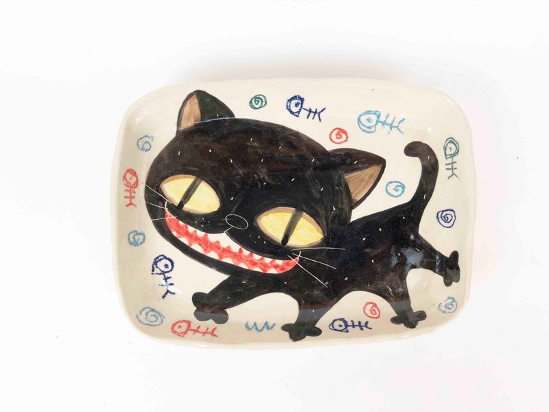 Nice Little Clay 手工长方盘 大黑猫 0309L-08 - 浅碟/小碟子 - 陶 多色