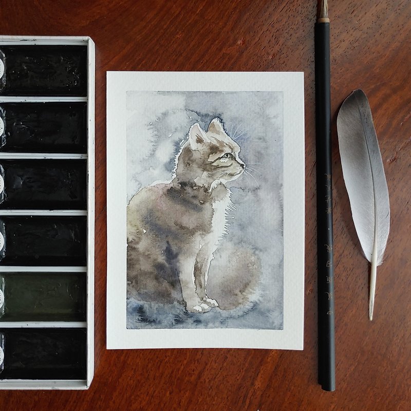 Cat postcard. Original watercolor pet kitty painting