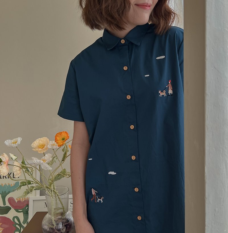 Shirt Dress : 连衣裙  Dog Walking狗 -Blue蓝色的 - 洋装/连衣裙 - 棉．麻 蓝色