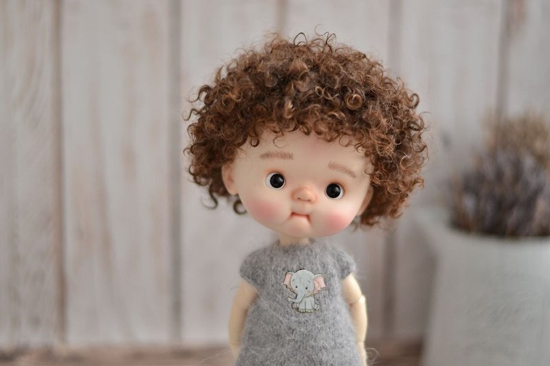 Qbaby娃娃假发+针织连身裤 - 发饰 - 羊毛 咖啡色