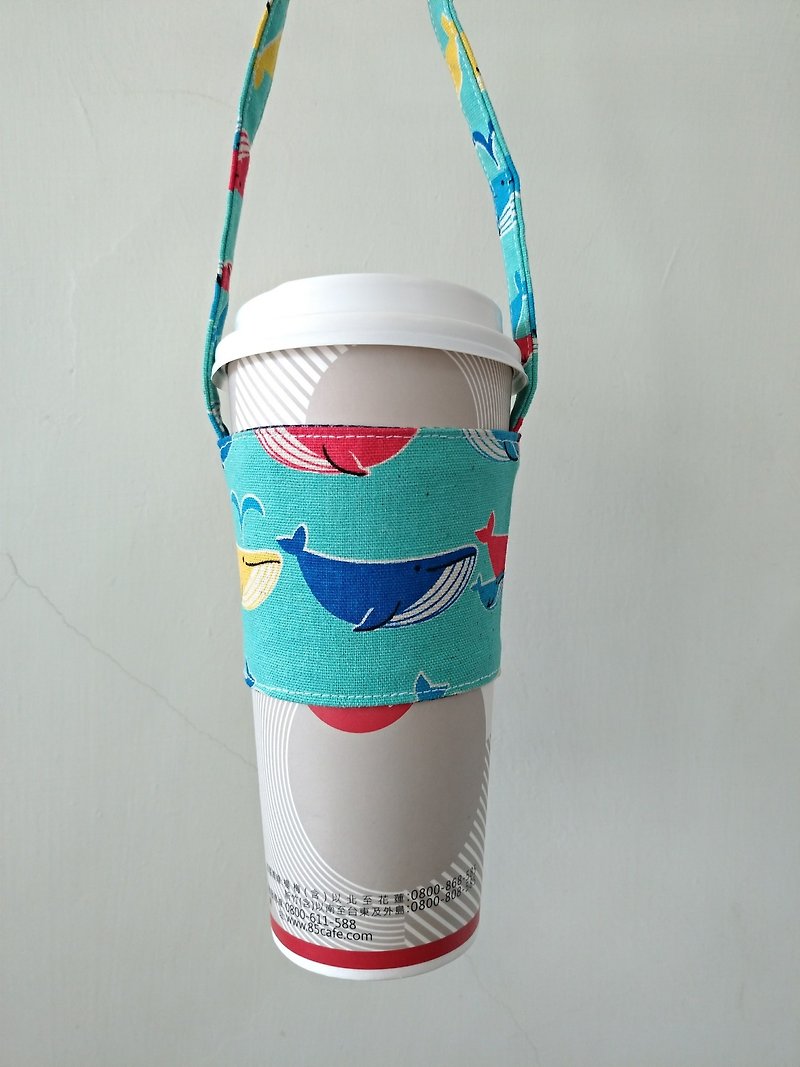 饮料杯套 环保杯套 手摇饮料袋 咖啡袋 手提袋 -喷水大鲸鱼 - 随行杯提袋/水壶袋 - 棉．麻 