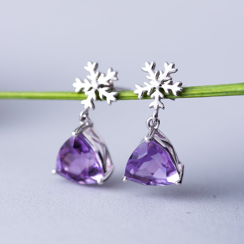 紫水晶雪花925纯银耳环  | 天然水晶矿石设计定制化礼物 - 耳环/耳夹 - 宝石 紫色