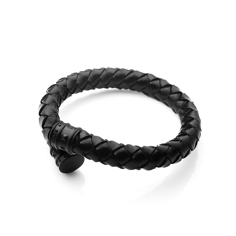 铆钉编织皮绳C型手环 Rivet Leather C-Type Bracelet - 手链/手环 - 其他金属 黑色