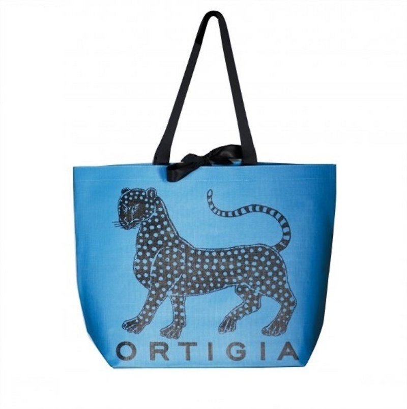 欧媞迦 Ortigia Tote 蓝色经典豹纹LOGO设计 黑色缎带 手提购物袋 - 手提包/手提袋 - 聚酯纤维 