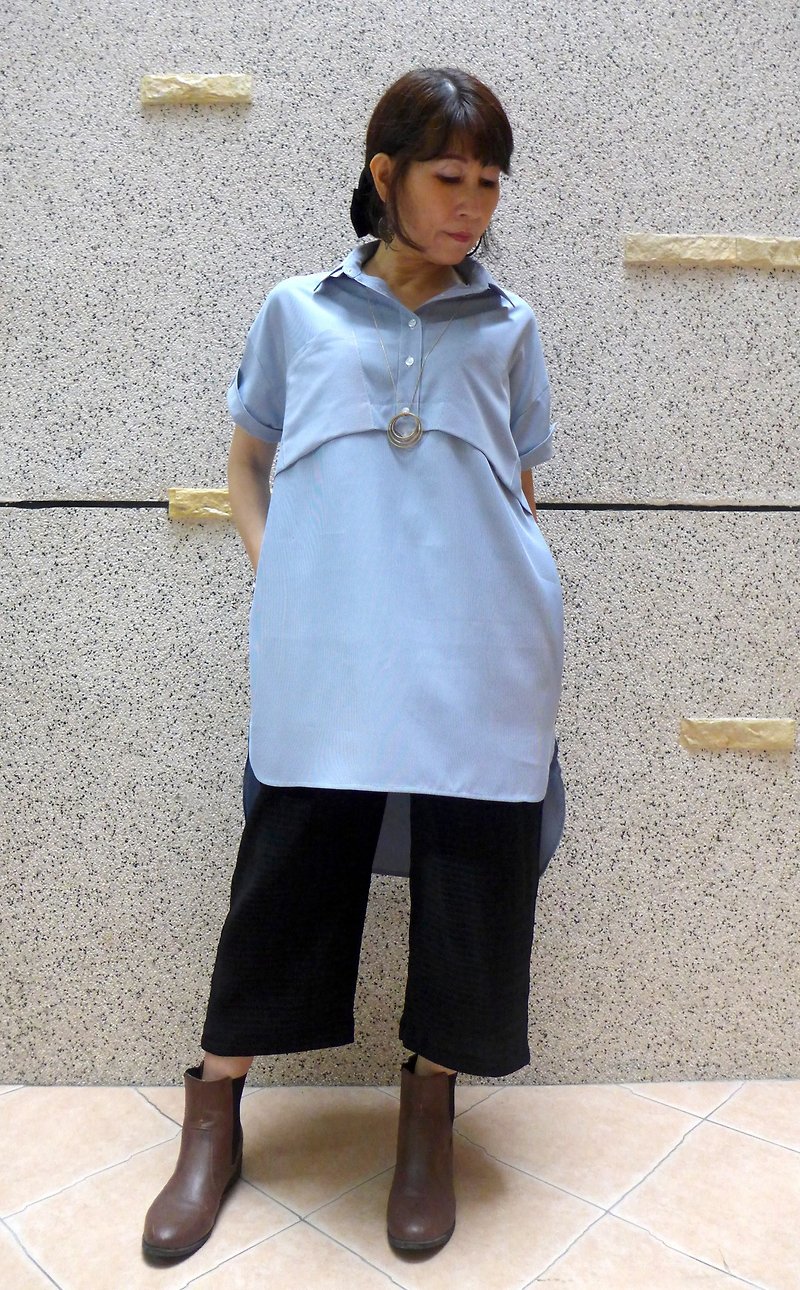 前短后长衬衫式条纹洋装 - 洋装/连衣裙 - 聚酯纤维 蓝色