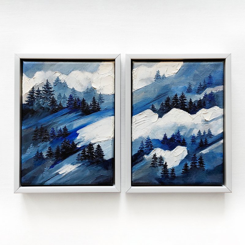 Winter Painting Misty Original Art Landscape Diptych Oil Painting 2 set Wall Art - 海报/装饰画/版画 - 其他材质 蓝色