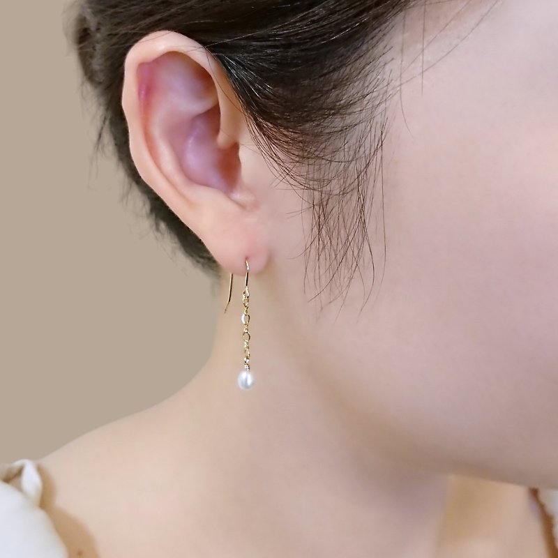 法式优雅  长椭圆淡水珍珠 14Kgf 包金耳环 定制 - 耳环/耳夹 - 珍珠 白色