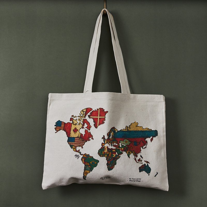 横式帆布袋－世界地图 【岁末惊喜】 - 侧背包/斜挎包 - 棉．麻 白色