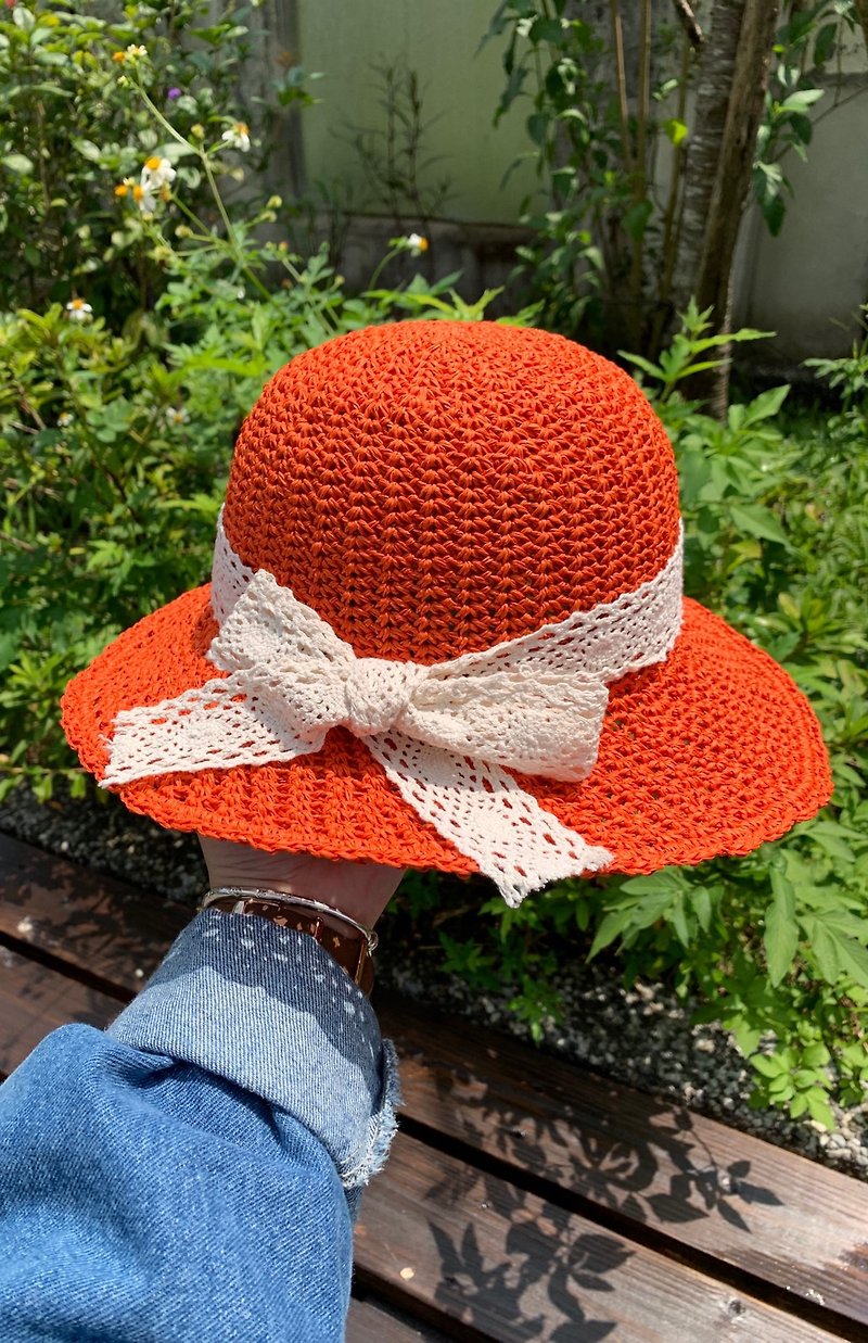 手工编织遮阳帽 / 仙蒂纸线 / 草帽 / 渔夫帽 / 手作 - 帽子 - 纸 橘色