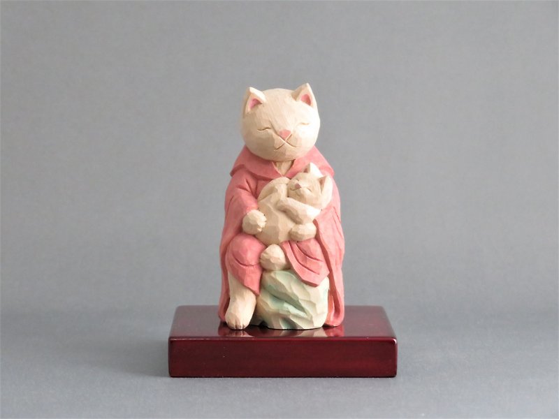 木彫り　猫鬼子母神　猫仏1910 - 玩偶/公仔 - 木头 粉红色