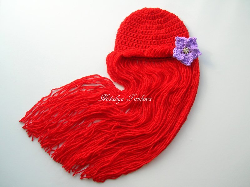 Crochet Princess Ariel Hat | Crochet Halloween Mermaid Wig | - 帽子 - 绣线 红色