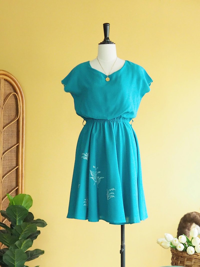 古著洋裝 | Size M | Ocean blue leaf embroidery pattern - 洋装/连衣裙 - 聚酯纤维 蓝色