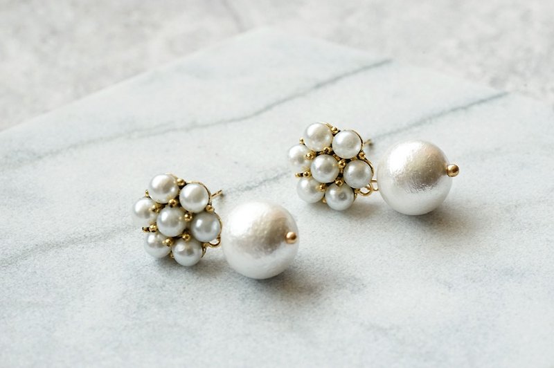 典藏 - 棉花珍珠耳环 (医疗级抗敏钢针 / 耳夹) - 耳环/耳夹 - 珍珠 白色