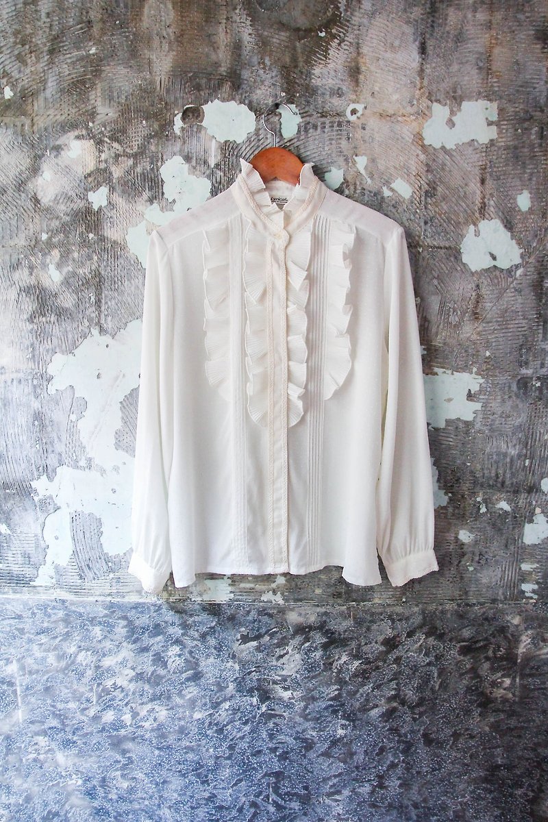 袅袅百货公司-Vintage 日本直条波浪蕾丝滚边白衬衫  复古着 - 女装上衣 - 其他材质 