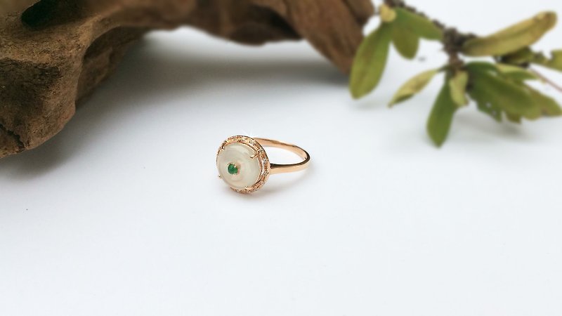 怀古-精品设计系列：天然冰种翡翠(缅甸玉) 750K金圈钻戒指 - 戒指 - 宝石 金色
