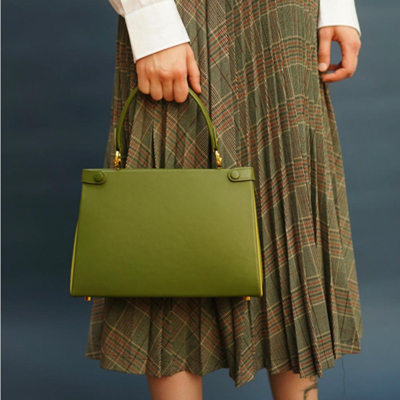 军绿色 2色平纹夹子包 手提肩背两用 极简通勤女款公文包容量方包 - 侧背包/斜挎包 - 真皮 绿色