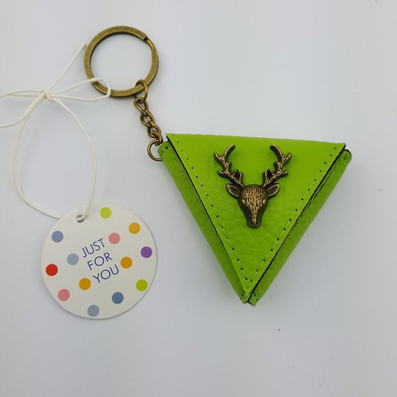 鹿头三角形零钱包袋,吉他pick袋 钥匙扣 包挂饰 小礼物 可印名字 - 零钱包 - 真皮 绿色