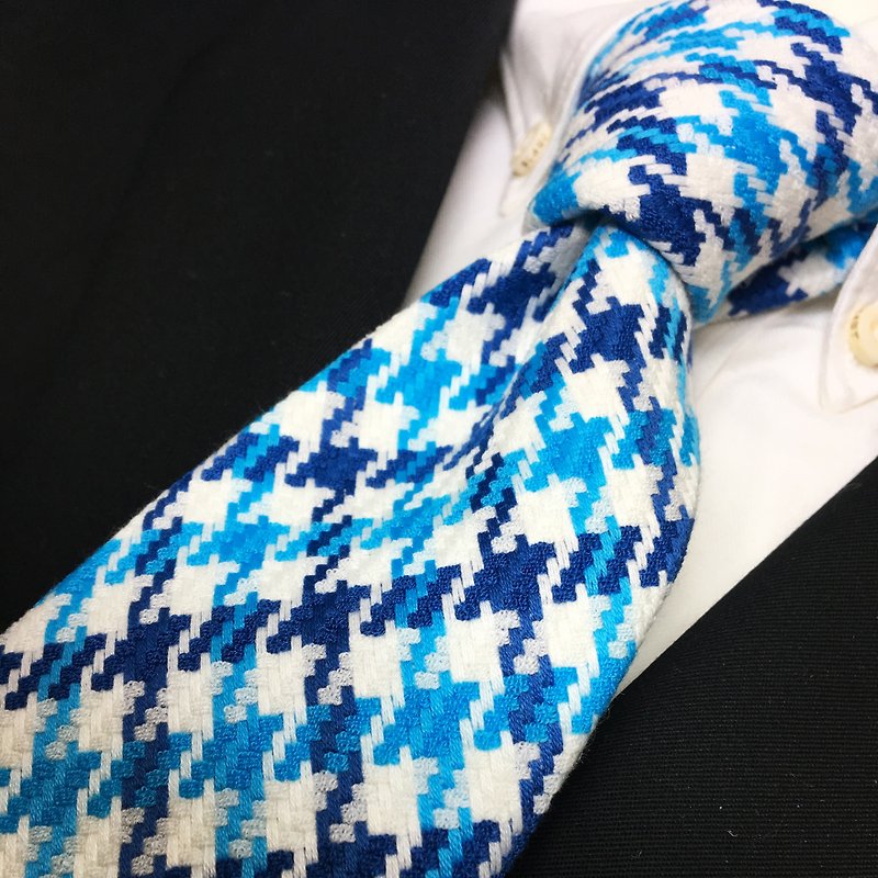 digital houndstooth checked tie necktie Blue - 领带/领带夹 - 棉．麻 蓝色