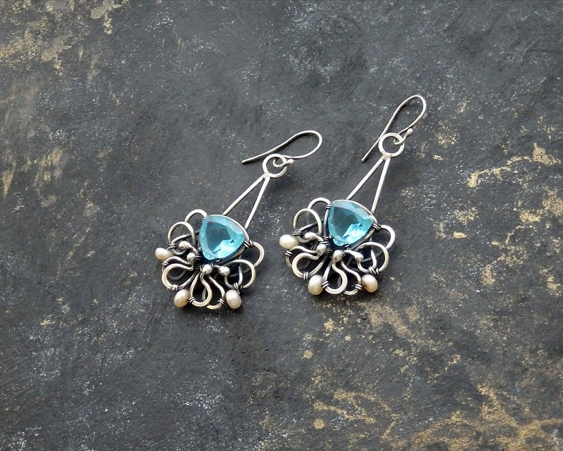 Sterling silver earrings with sky blue quartz, Wire wrapped earrings