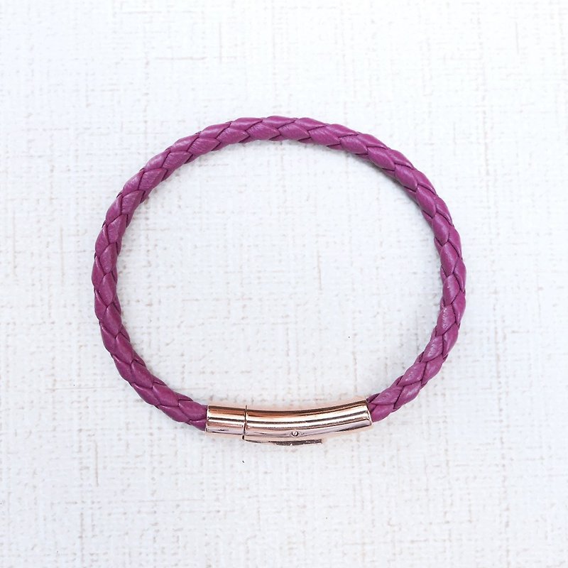 316德国钛钢 玫瑰金扣件 4mm紫色 真皮编织 手环 - 手链/手环 - 真皮 紫色