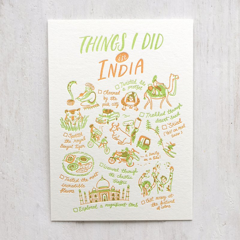 Things I Did in India Letterpress Postcard - 卡片/明信片 - 纸 