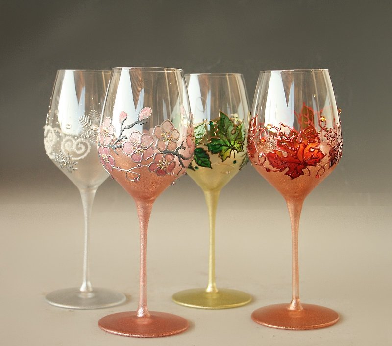 Wine Glasses Four Seasons Hand Painted Set of 4 - 酒杯/酒器 - 玻璃 多色