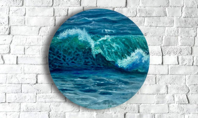 Round Shaped Canvas, Seascape Oil Painting, Green Wave Art, 油画