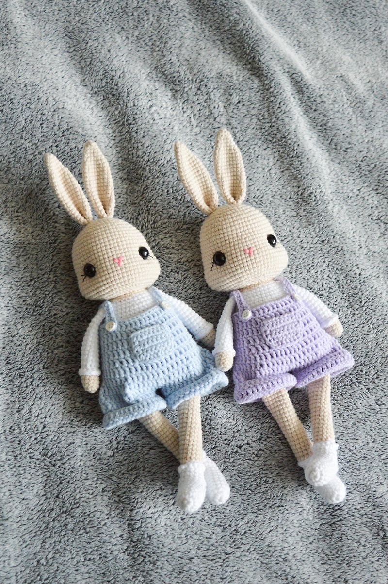 Bunny stuffed animal amigurumi toy, cute crochet rabbit in overalls or shorts - 玩具/玩偶 - 棉．麻 