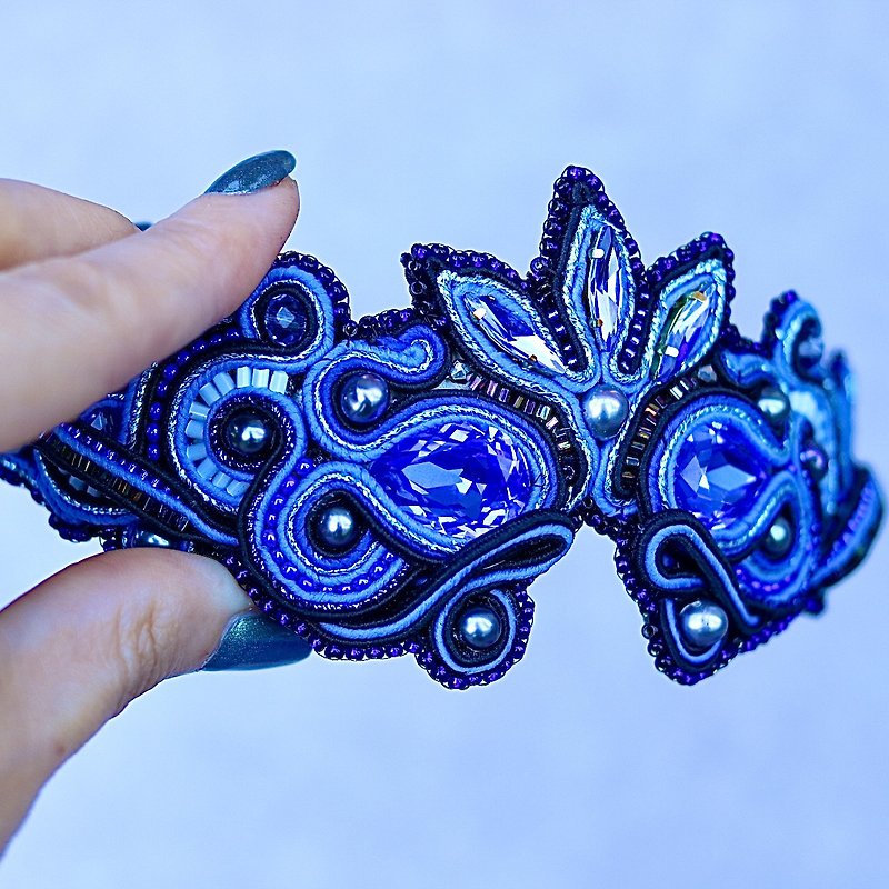 Crystal headband,Bridal wedding,wedding headband,blue tiara,wedding hair,soutach - 发饰 - 棉．麻 蓝色