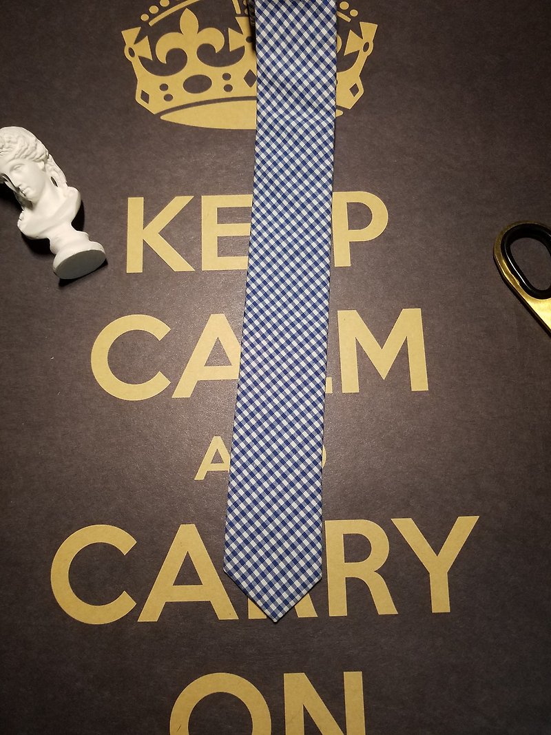 蓝白色小格子领带超窄版领带 - 领带/领带夹 - 棉．麻 蓝色