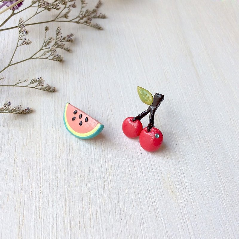 Mixed Fruit collection! Melon and Cherry earrings, Fruit earrings - 耳环/耳夹 - 粘土 多色