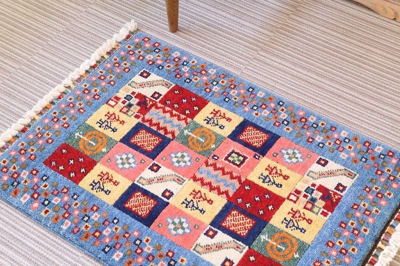 ライトブルー 手織り 絨毯 ハンドメイド ラグ 羊毛&草木染め 83×62cm - 地垫/地毯 - 其他材质 蓝色