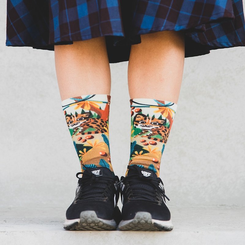 【小创袜】台湾石虎 石虎袜 运动袜 登山袜 台湾动物 黄 长袜 - 袜子 - 环保材料 橘色