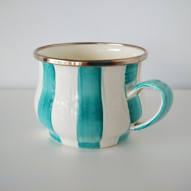 薄荷蓝条纹彩绘珐琅杯 附手作礼物包装 - 咖啡杯/马克杯 - 珐琅 蓝色