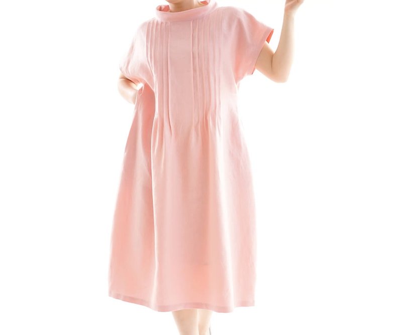 リネンワンピース　ピンタック　オフネックドレス シルクオーガンジー/ローズソーモン a081h-rsm2 - 洋装/连衣裙 - 棉．麻 粉红色