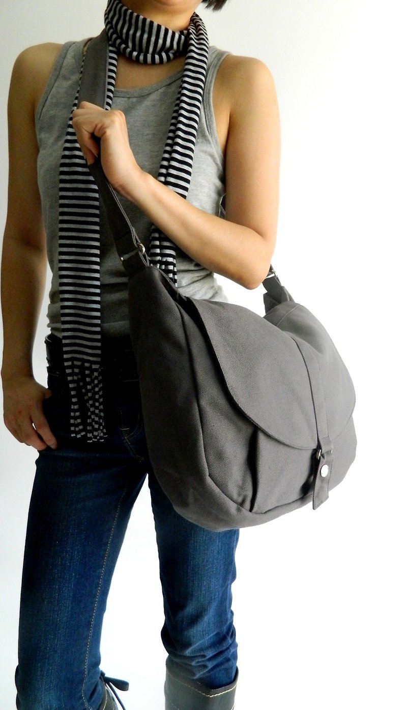 大容量旅行斜肩包 帆布单肩包 学生侧背笔电书包no.12凯莉-灰色 - 侧背包/斜挎包 - 棉．麻 灰色