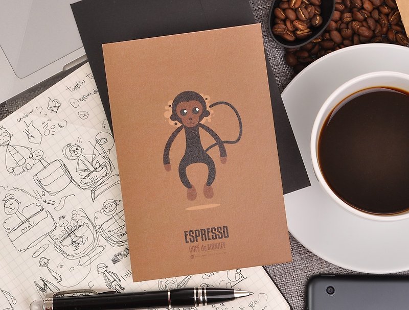 咖啡小猴子贺卡明信片生日卡 - 特浓咖啡 Espresso - 卡片/明信片 - 纸 咖啡色