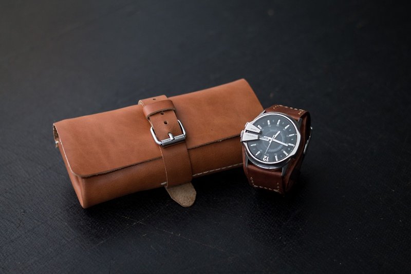 Leather Watch Roll for 2-5 watches, Leather watch pouch, watch case, watch box - 收纳用品 - 真皮 橘色