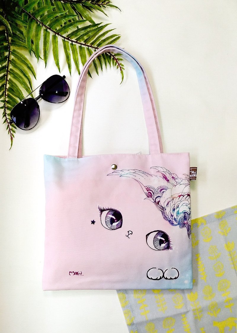 好轻便小提袋/购物袋/便当袋  微笑猫 - 侧背包/斜挎包 - 棉．麻 粉红色