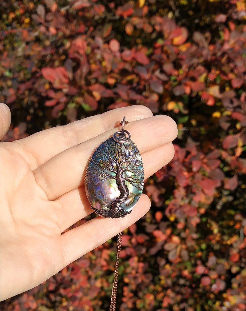 Rainbow Abalone Wire Wrap Tree Of Life Necklace, Copper Anniversary Gift, 手工禮物 - 项链 - 其他材质 多色
